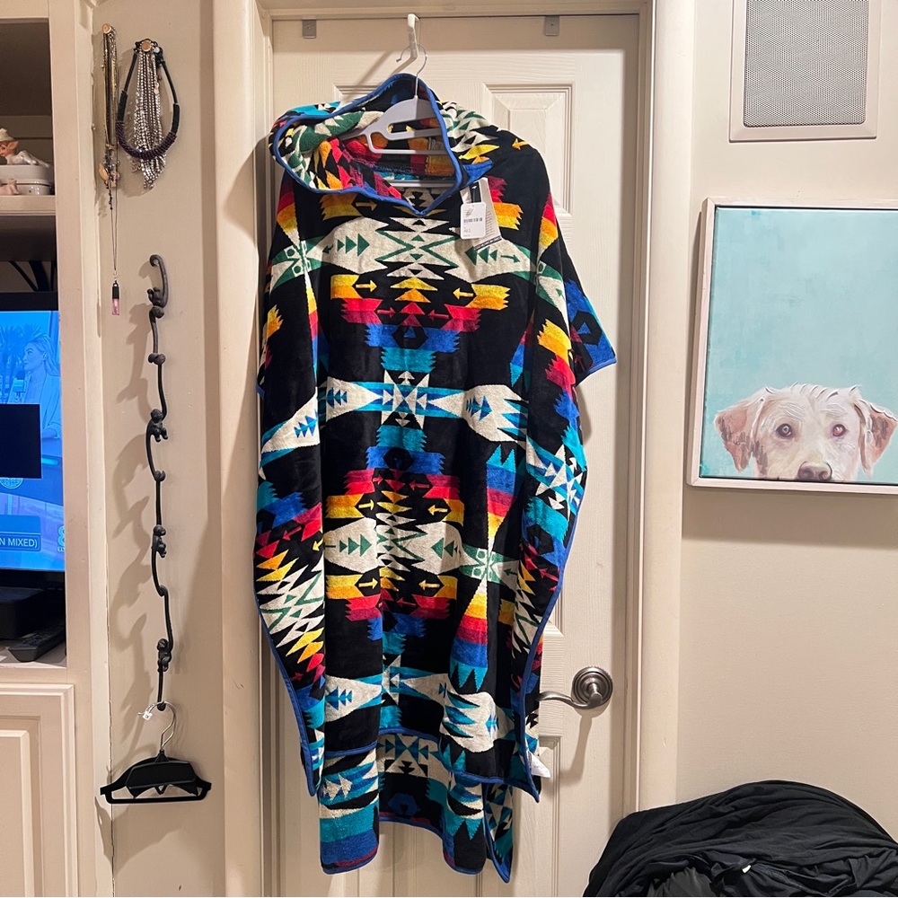 Pendleton Free People Colorful Hooded Poncho with Geometric Patterns